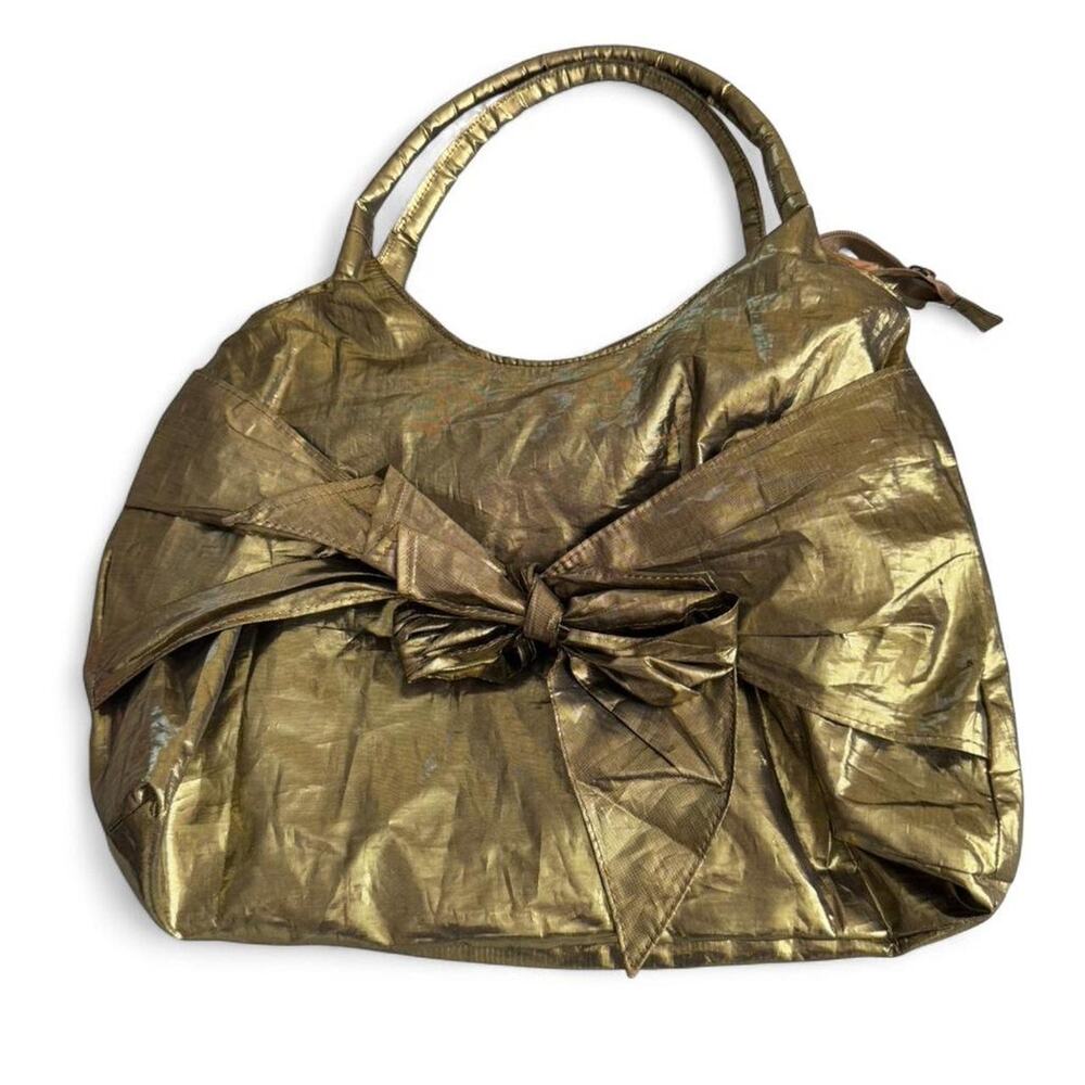Vintage Y2K Far Nine Gold Metallic Oversized Bag w/ Bow 80s 90s Madonna NYC